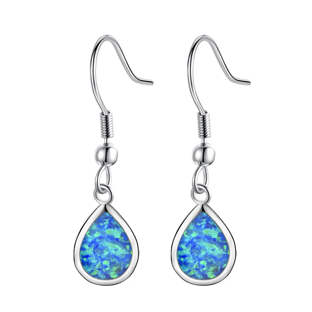 Sterling Silver Blue Teardrop Simulated Opal Drop Earrings