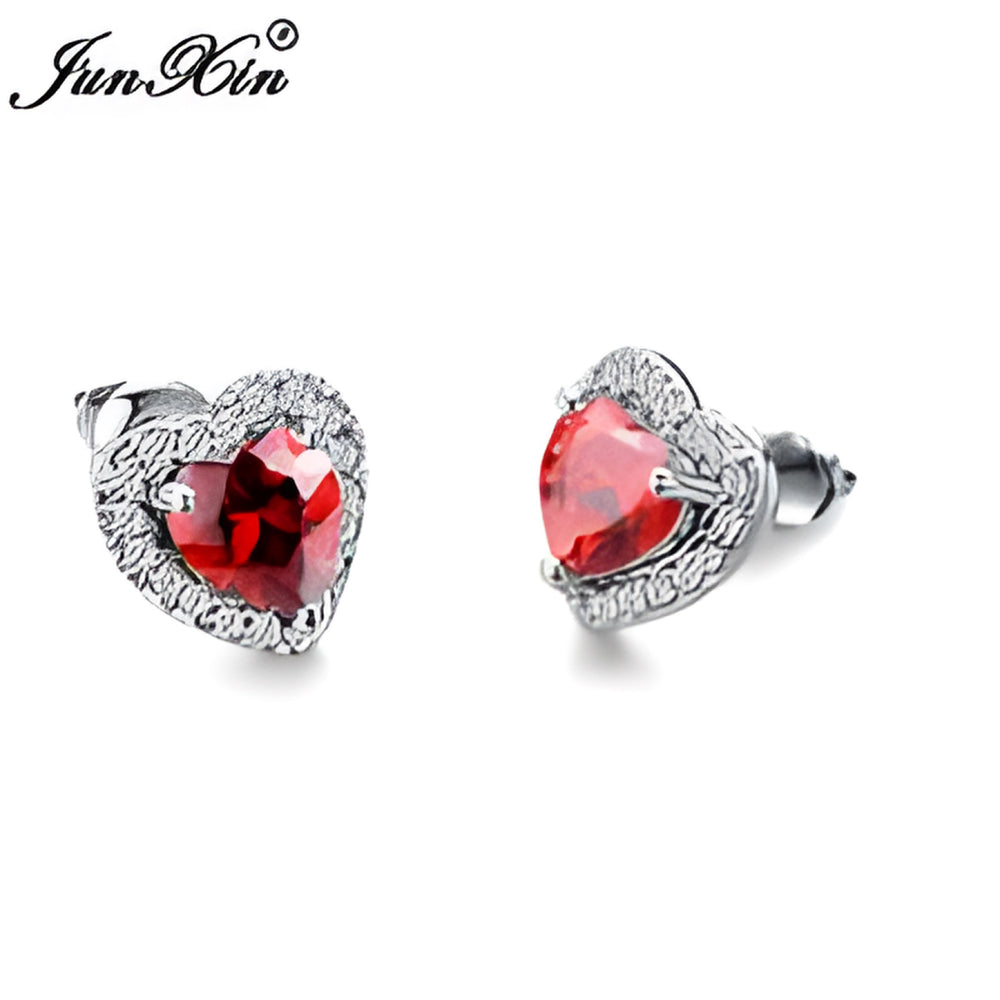 Silver-Tone Garnet-Red Heart CZ Halo Stud Earrings