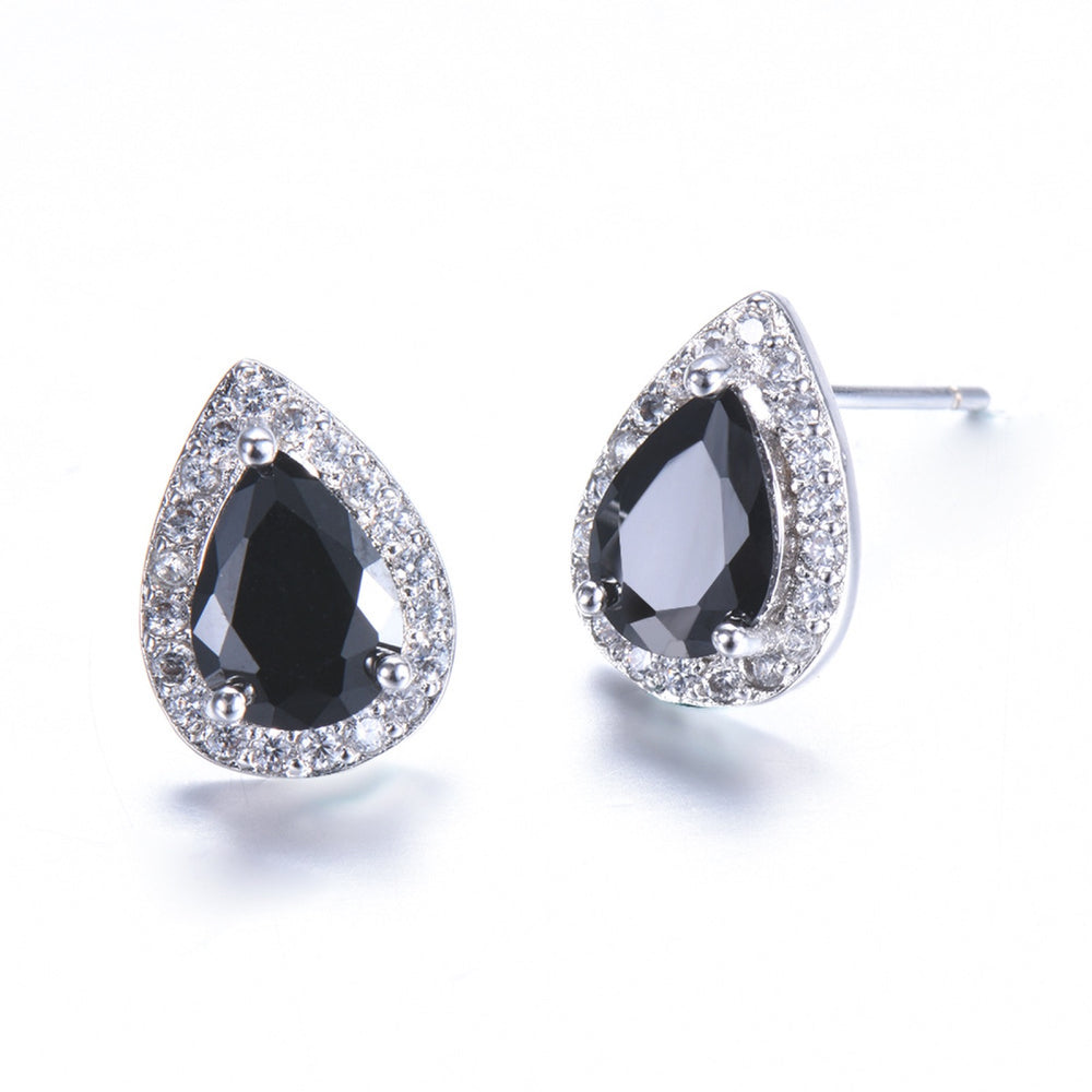 Silver-Tone Black Teardrop Crystal Halo Stud Earrings