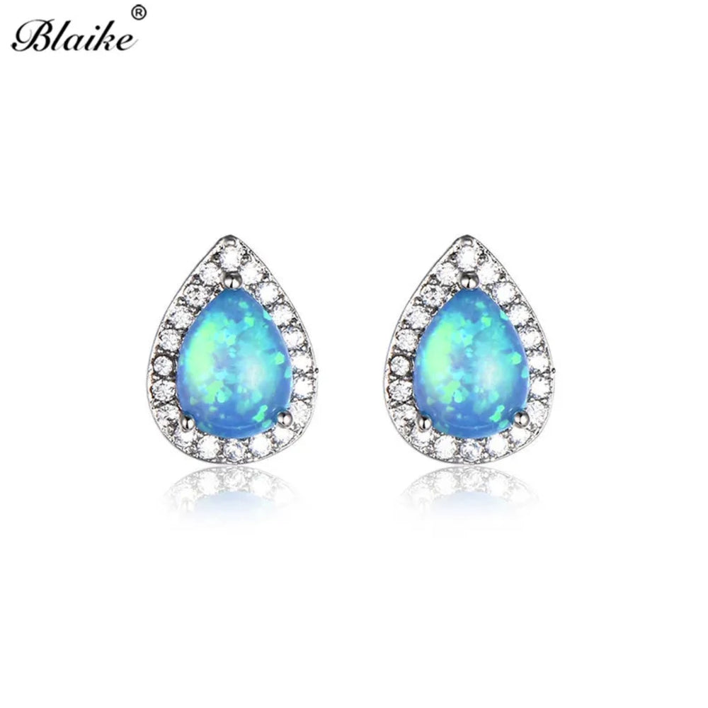 Silver-Tone Blue Simulated Opal Teardrop Stud Earrings With Crystal Halo