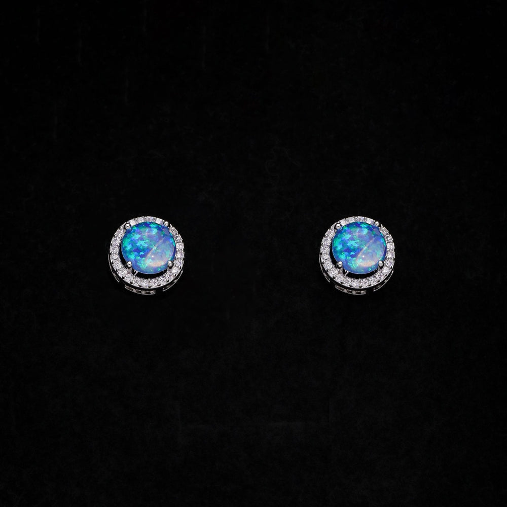 Silver-Tone Round Blue Simulated Opal Crystal Halo Stud Earrings