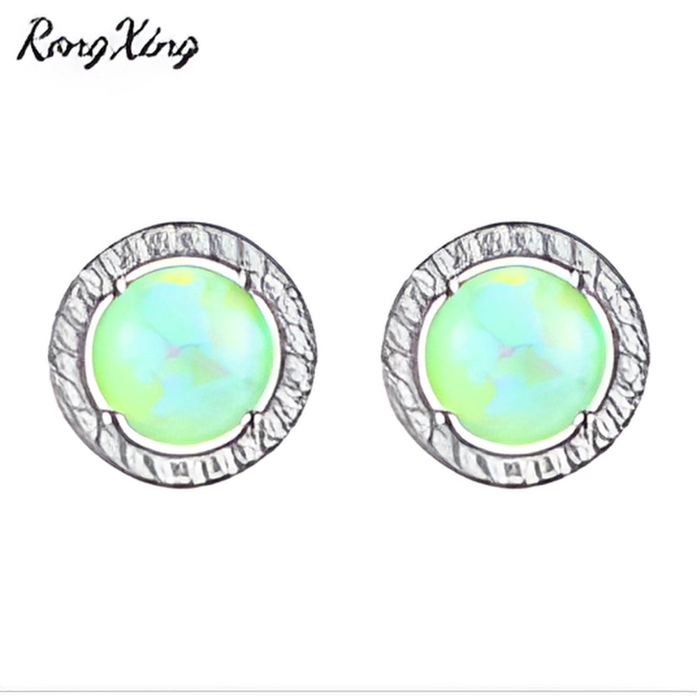Silver-Tone Round Green Simulated Opal Crystal Halo Stud Earrings