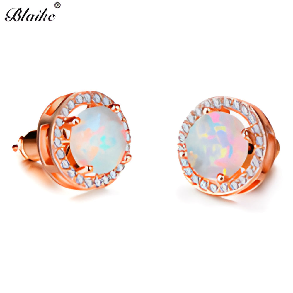 Rose Gold-Tone White Simulated Opal Round Crystal Halo Stud Earrings