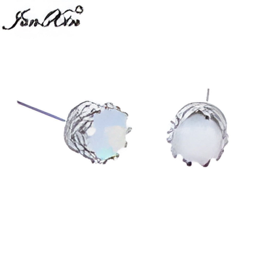 Silver-Tone Round White Simulated Opal Crown-Prong Stud Earrings