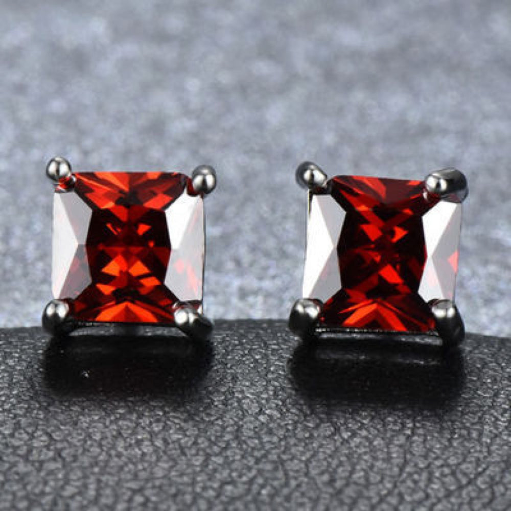 Silver-Tone Red Square Crystal Solitaire Stud Earrings