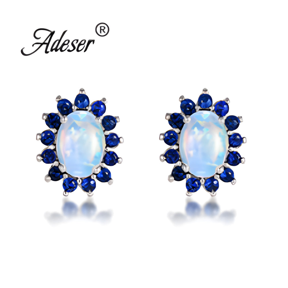 Silver-Tone Oval White Simulated Opal Blue Crystal Halo Stud Earrings