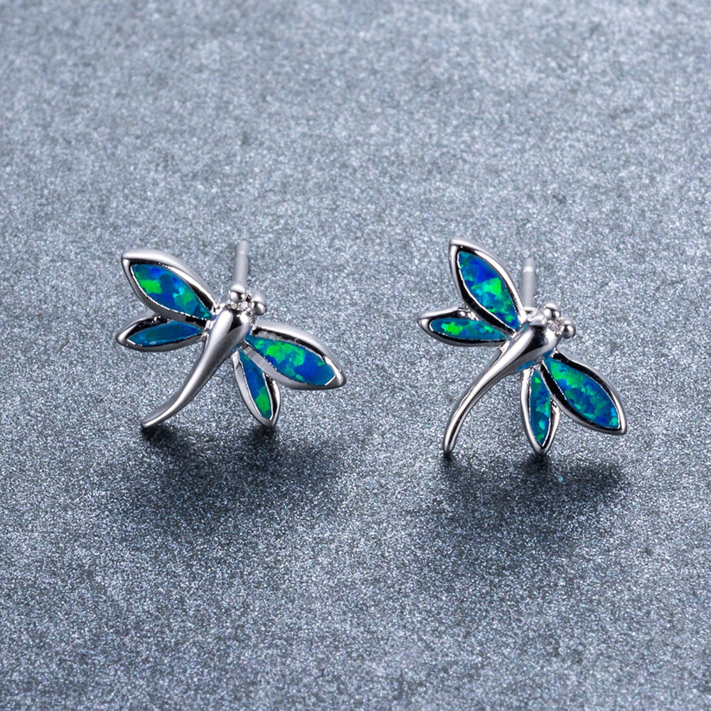 Silver-Tone Blue Simulated Opal Dragonfly Stud Earrings