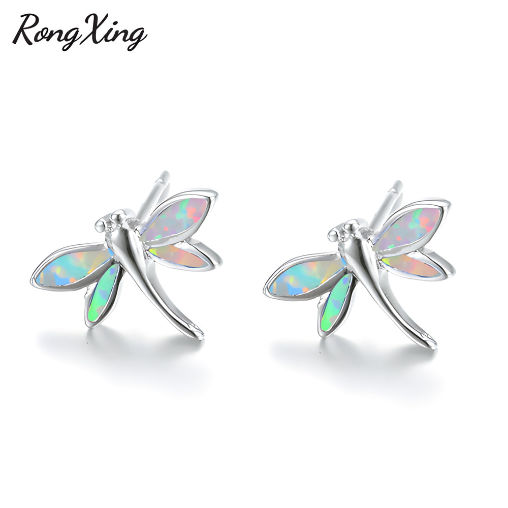Silver-Tone White Simulated Opal Dragonfly Stud Earrings