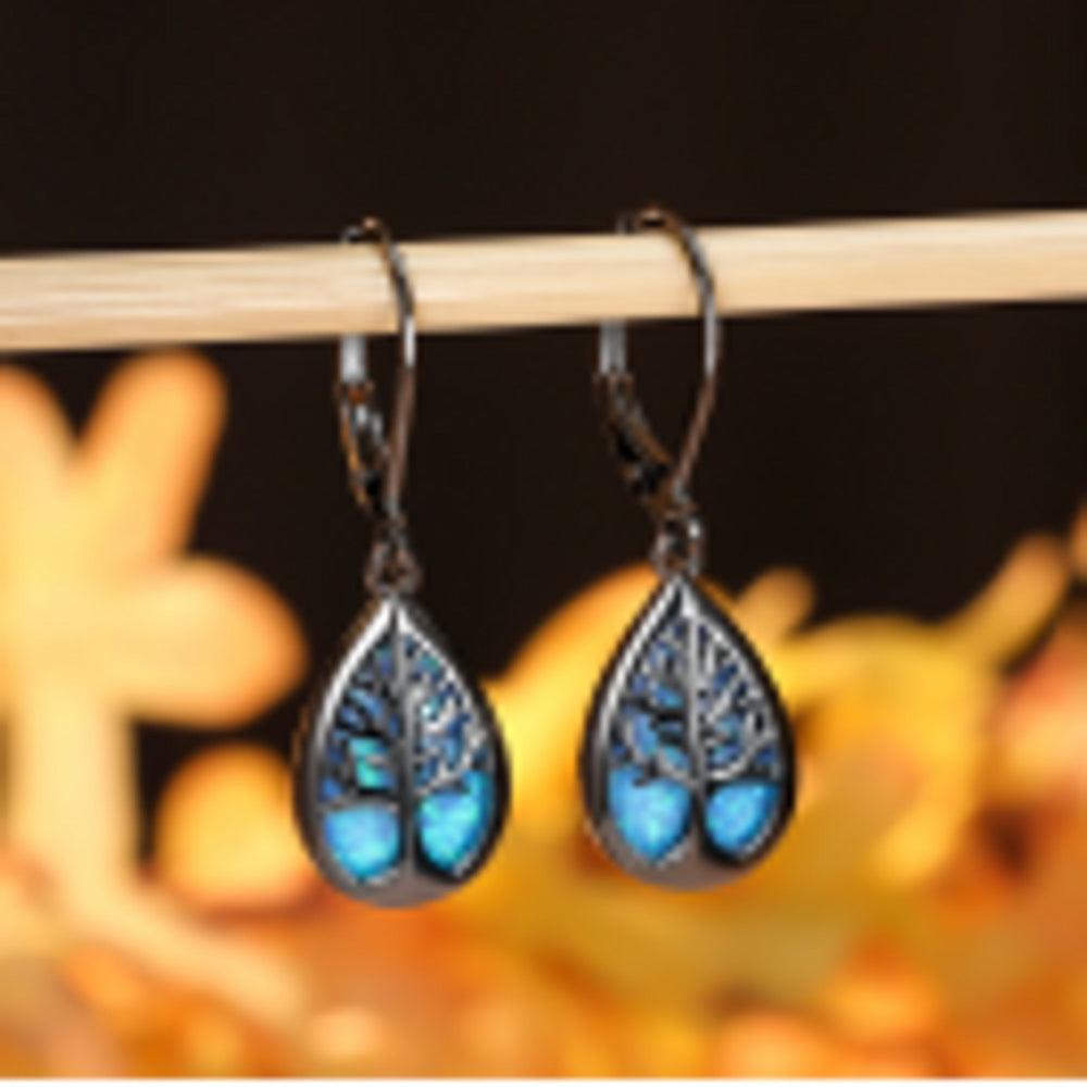 Black Gold-Tone Blue Teardrop Simulated Opal Tree Of Life Huggie Earrings