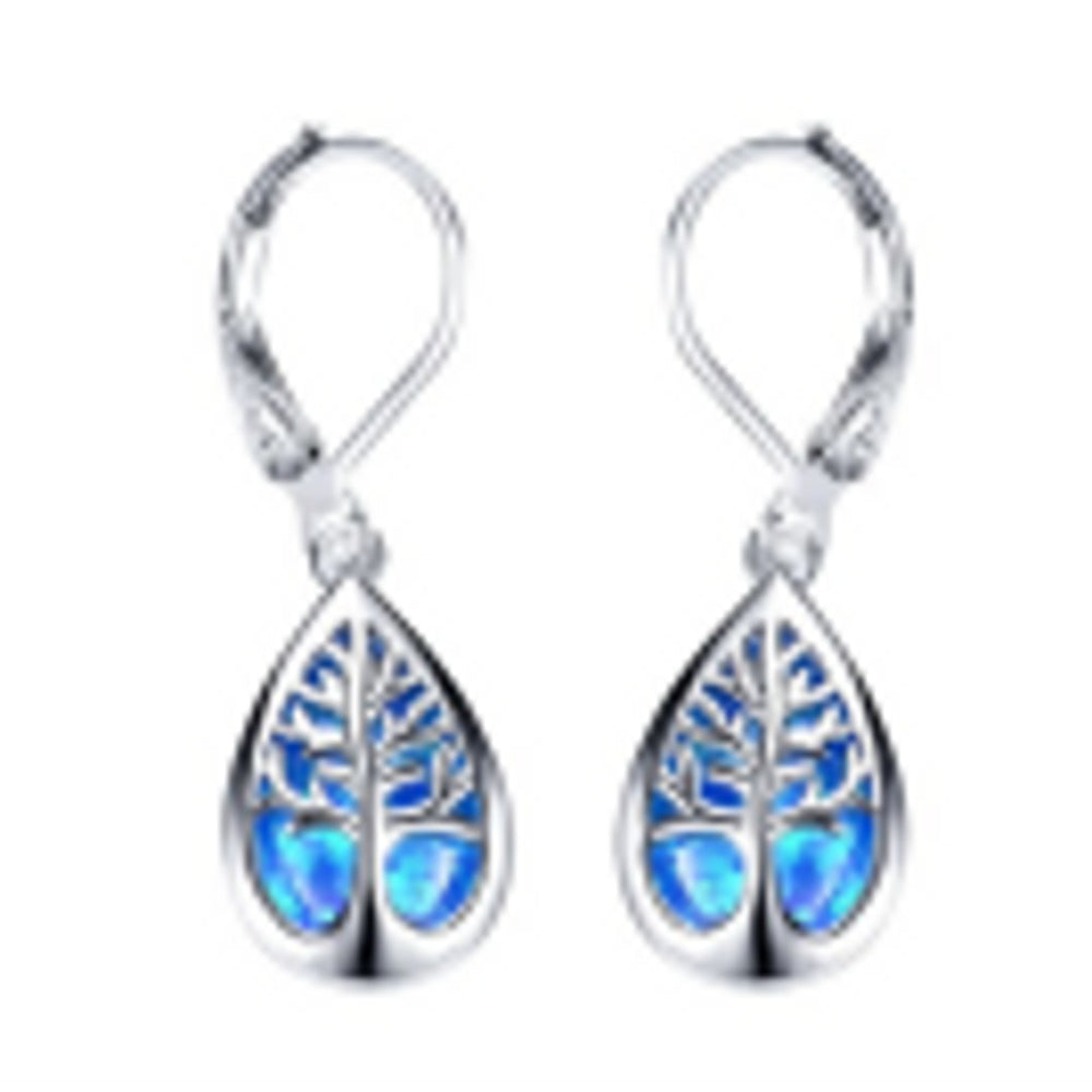 Sterling Silver Blue Teardrop Simulated Opal Tree Of Life Huggie Earrings