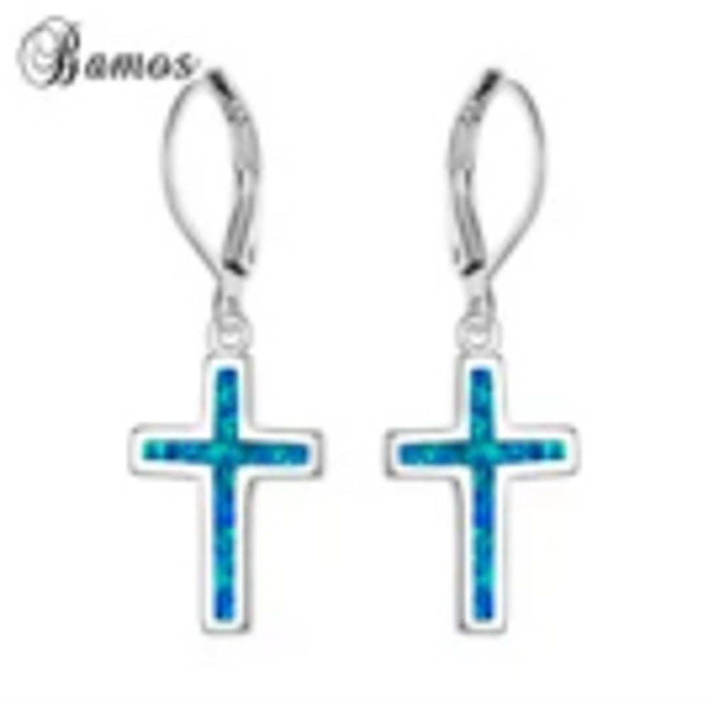 Sterling Silver Blue Simulated Opal Cross Huggie Earrings