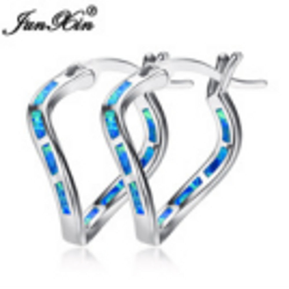 Silver-Tone Blue Simulated Opal Huggie Earrings