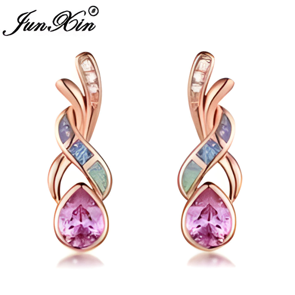 Rose Gold-Tone Simulated Opal Ribbon & Pink Teardrop Crystal Stud Earrings