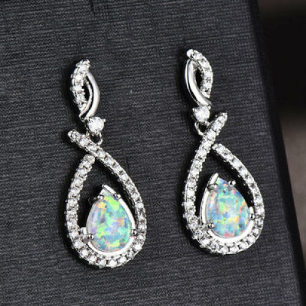 Sterling Silver White Teardrop Simulated Opal Drop Earrings
