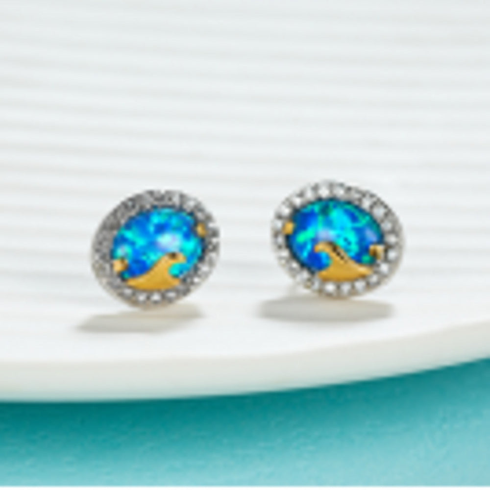 Gold-Tone Blue Oval Simulated Opal Stud Earrings