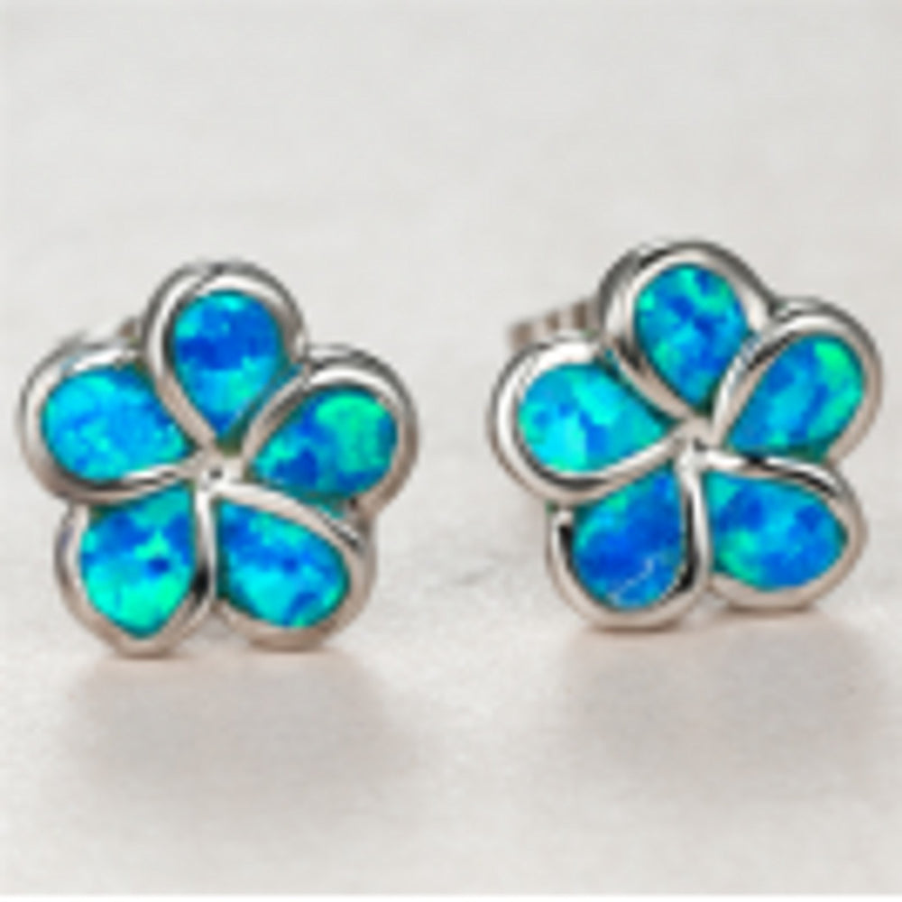 Silver-Tone Blue Simulated Opal Five-Petal Flower Stud Earrings