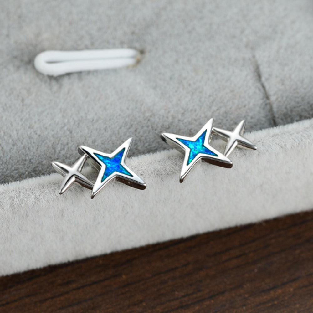 Silver-Tone Two-Stone Blue Simulated Opal Cross Stud Earrings