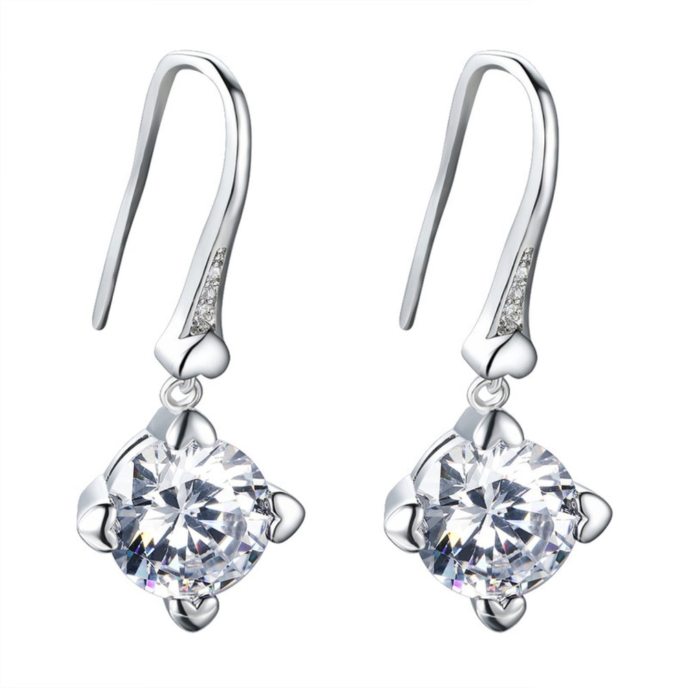 Silver-Tone Round White Crystal Solitaire Drop Earrings