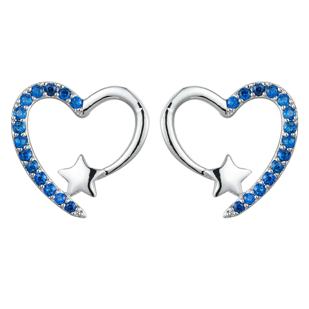 Silver-Tone Royal Blue Crystal Open Heart & Star Stud Earrings