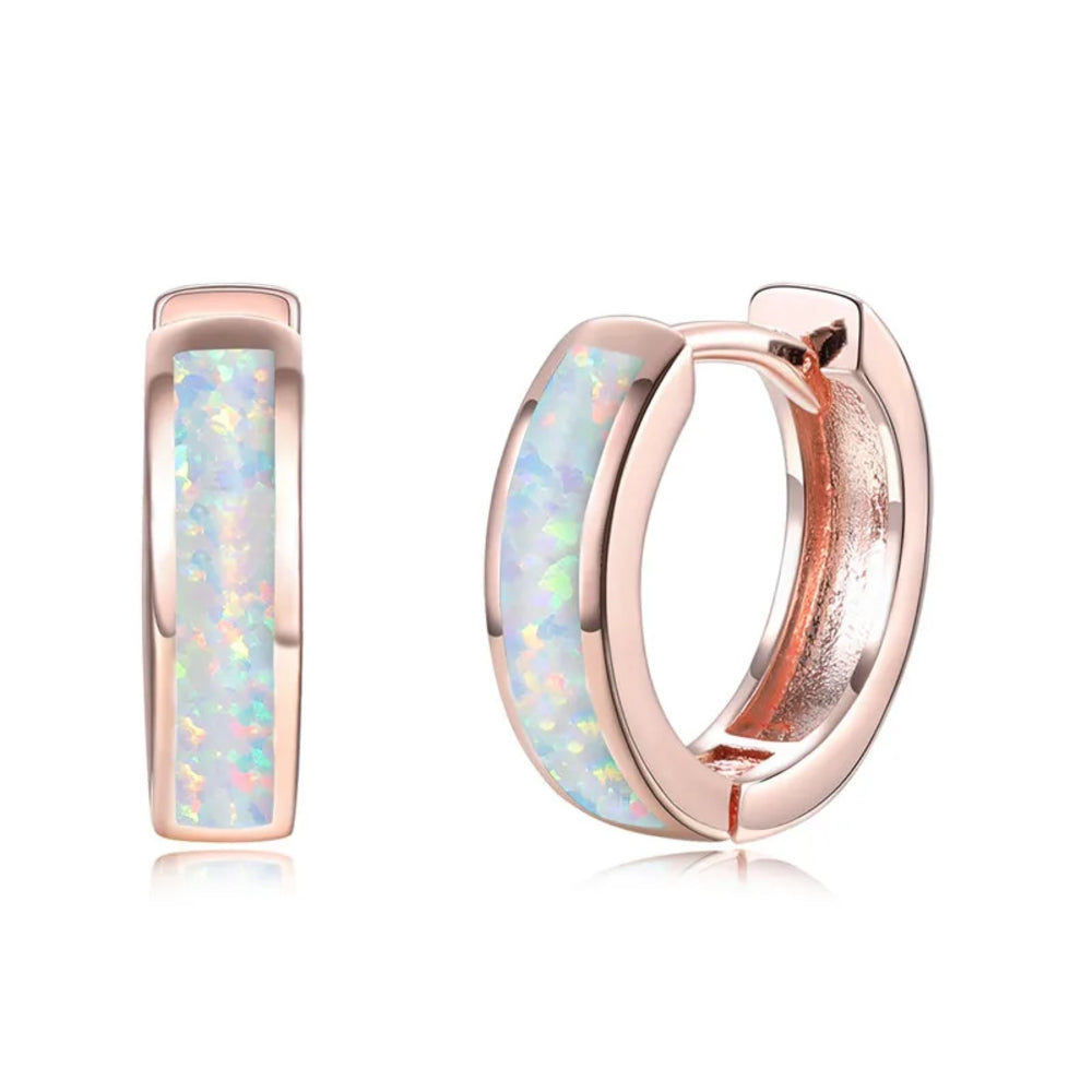Rose Gold-Tone White Simulated Opal Inlay Huggie Hoop Earrings