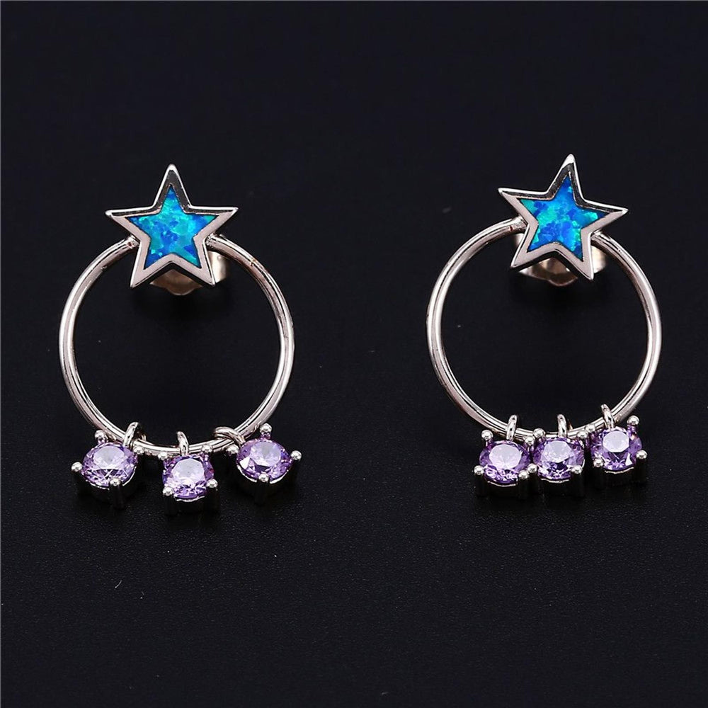Silver-Tone Haloed Blue Simulated Opal Star Drop Earrings