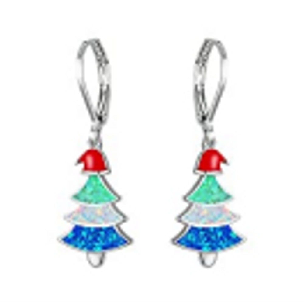 Silver-Tone Blue Simulated Opal Christmas Drop Earrings