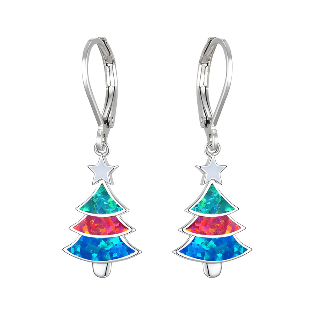 Silver-Tone Multicolor Simulated Opal Christmas Tree Drop Earrings