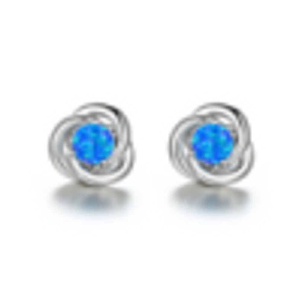 Silver-Tone Four-Prong Blue Simulated Opal Stud Earrings