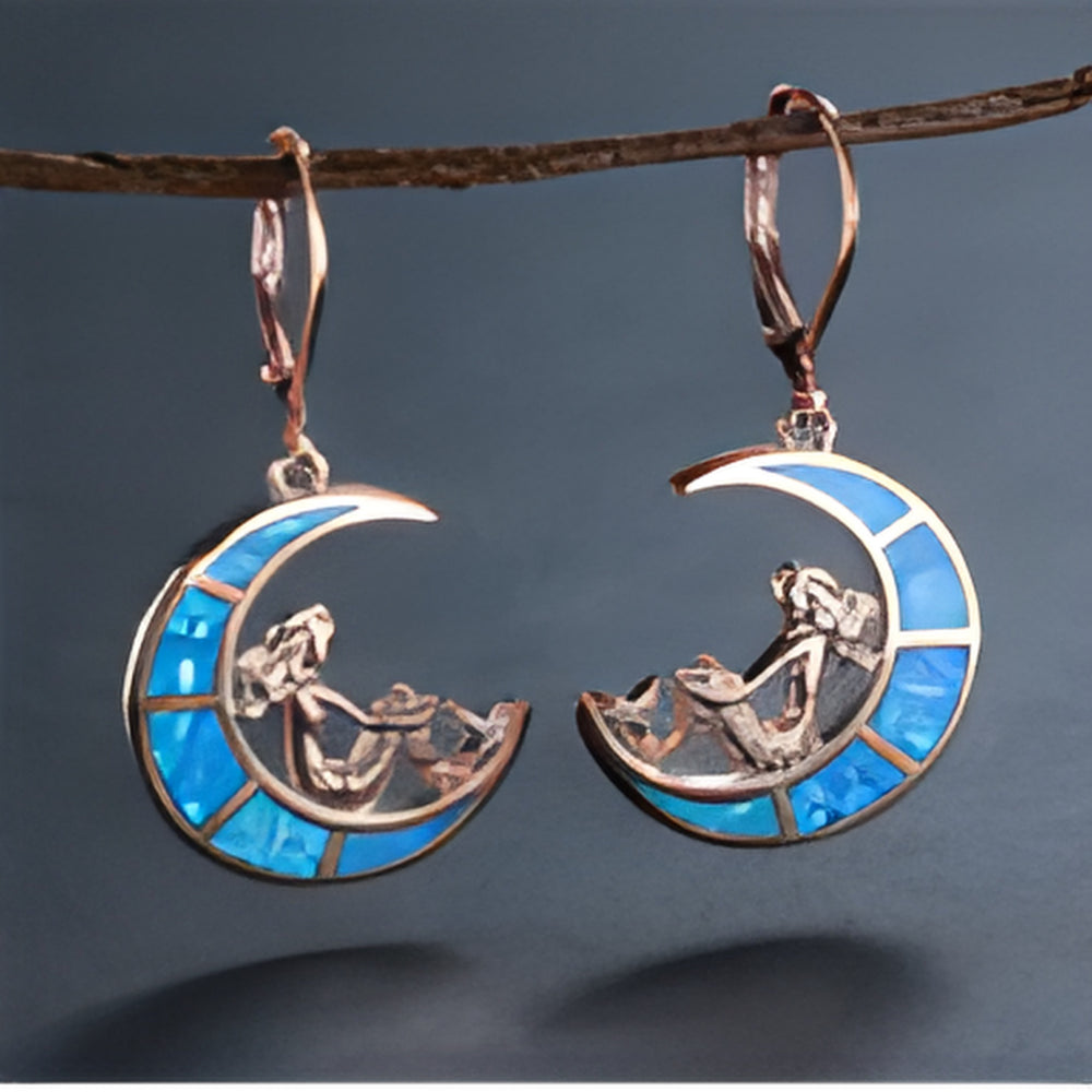 Rose Gold-Tone Blue Simulated Opal Crescent Moon & Mermaid Drop Earrings