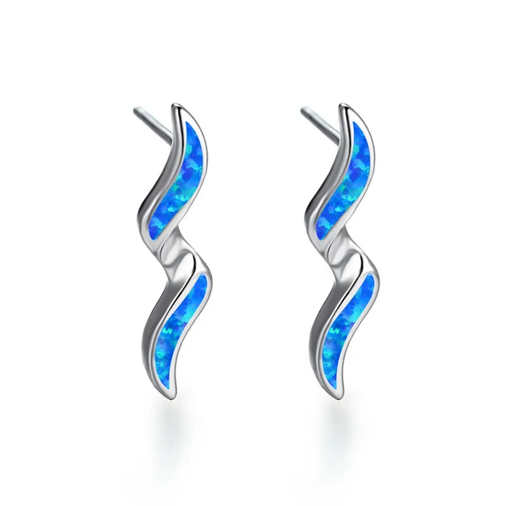 Silver-Tone Blue Simulated Opal Wave Stud Earrings