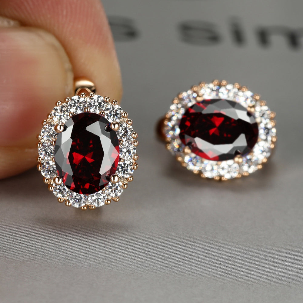 Champagne Gold-Tone Oval Red Crystal Halo Huggie Earrings