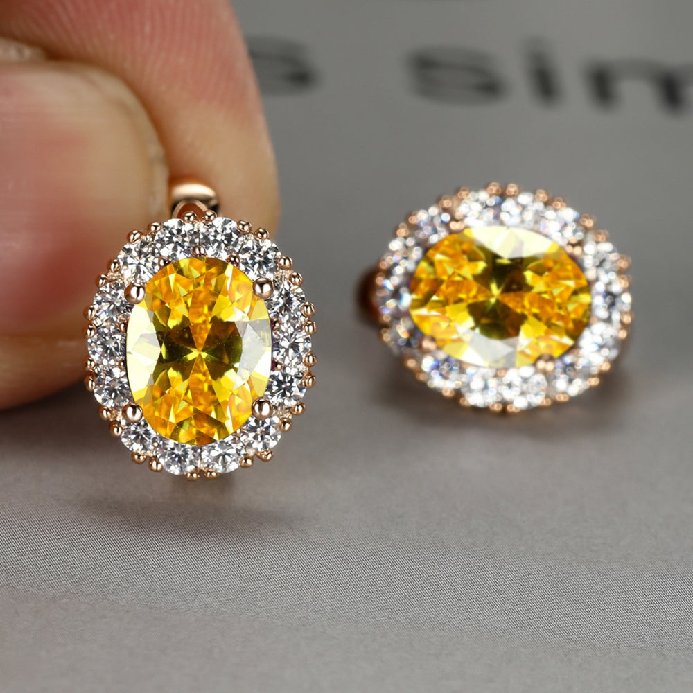 Champagne Gold-Tone Yellow Oval Crystal Halo Huggie Earrings