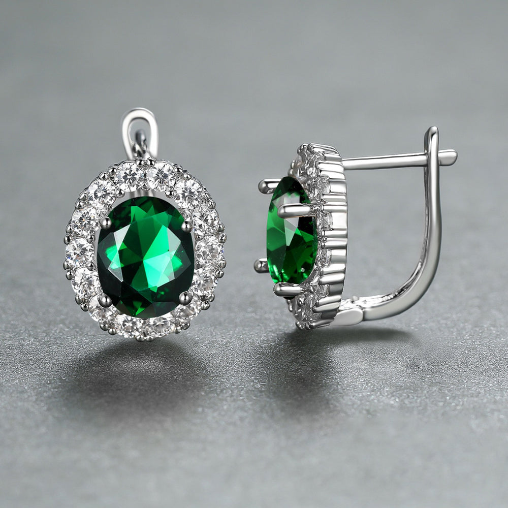Silver-Tone Oval Green Crystal Halo Huggie Earrings