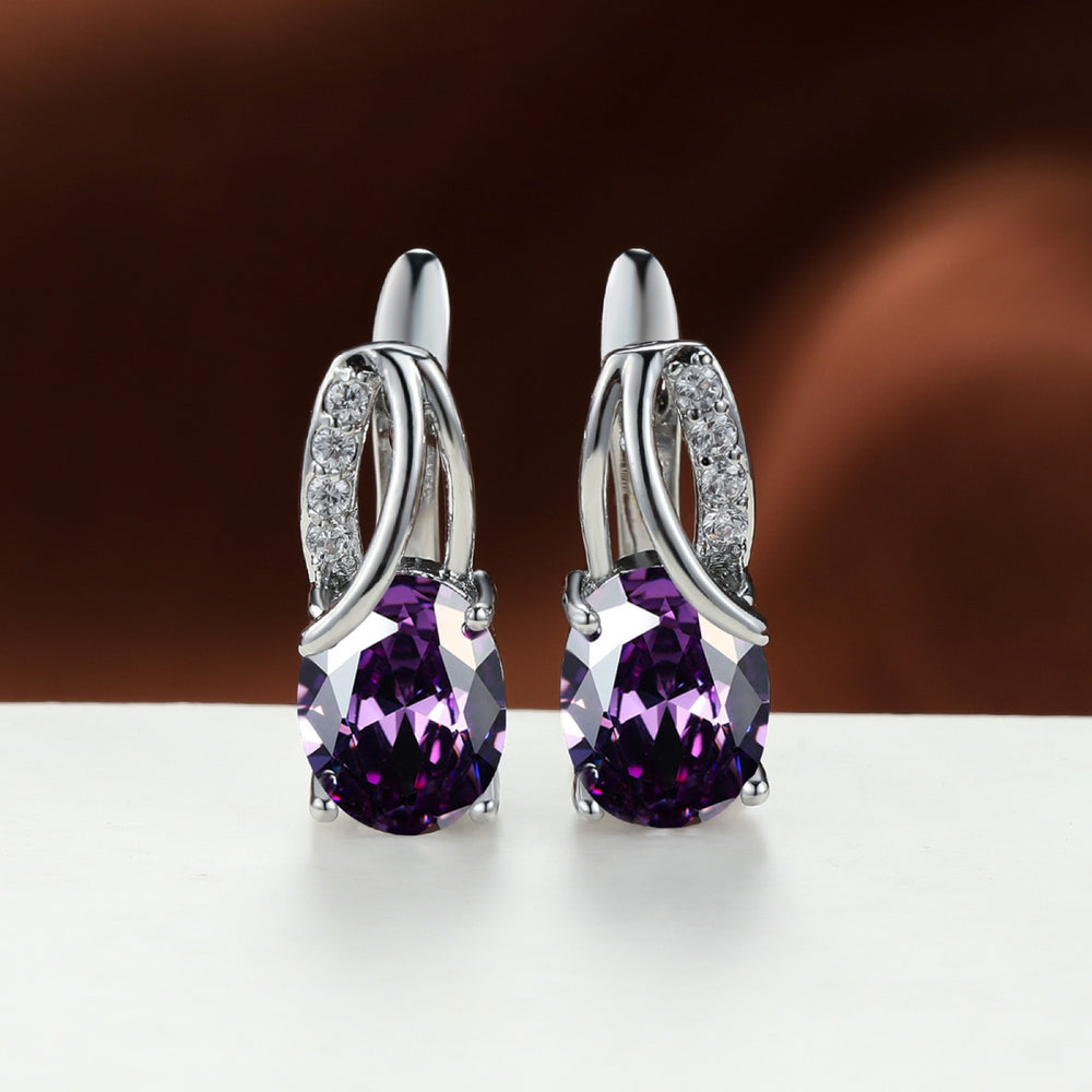 Silver-Tone Oval Purple Crystal Drop Earrings With Crystal Accents