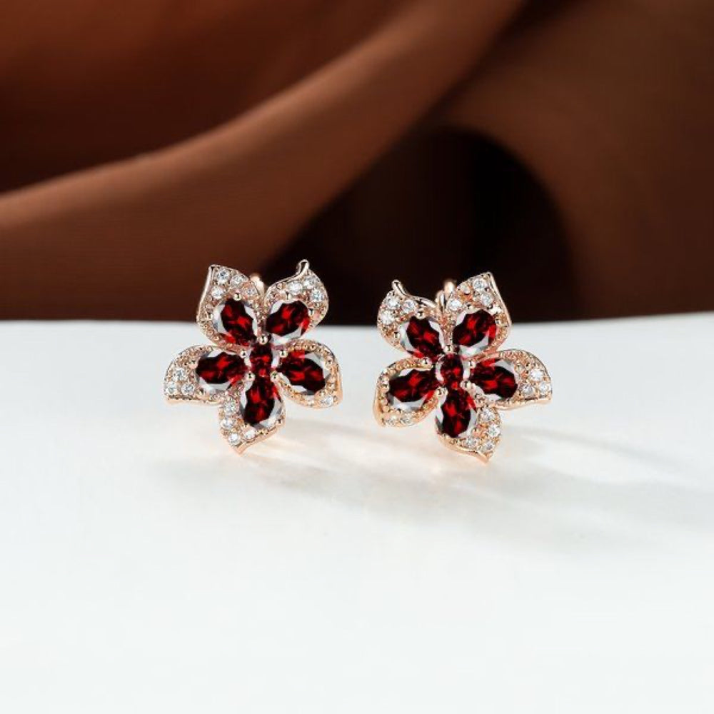 Champagne Gold-Tone Garnet-Red Crystal Flower Stud Earrings