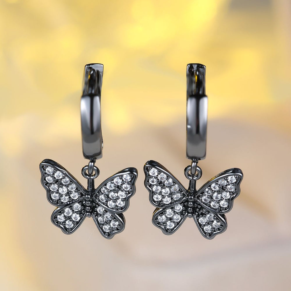 Black & Gold-Tone White Crystal Butterfly Charm Huggie Earrings