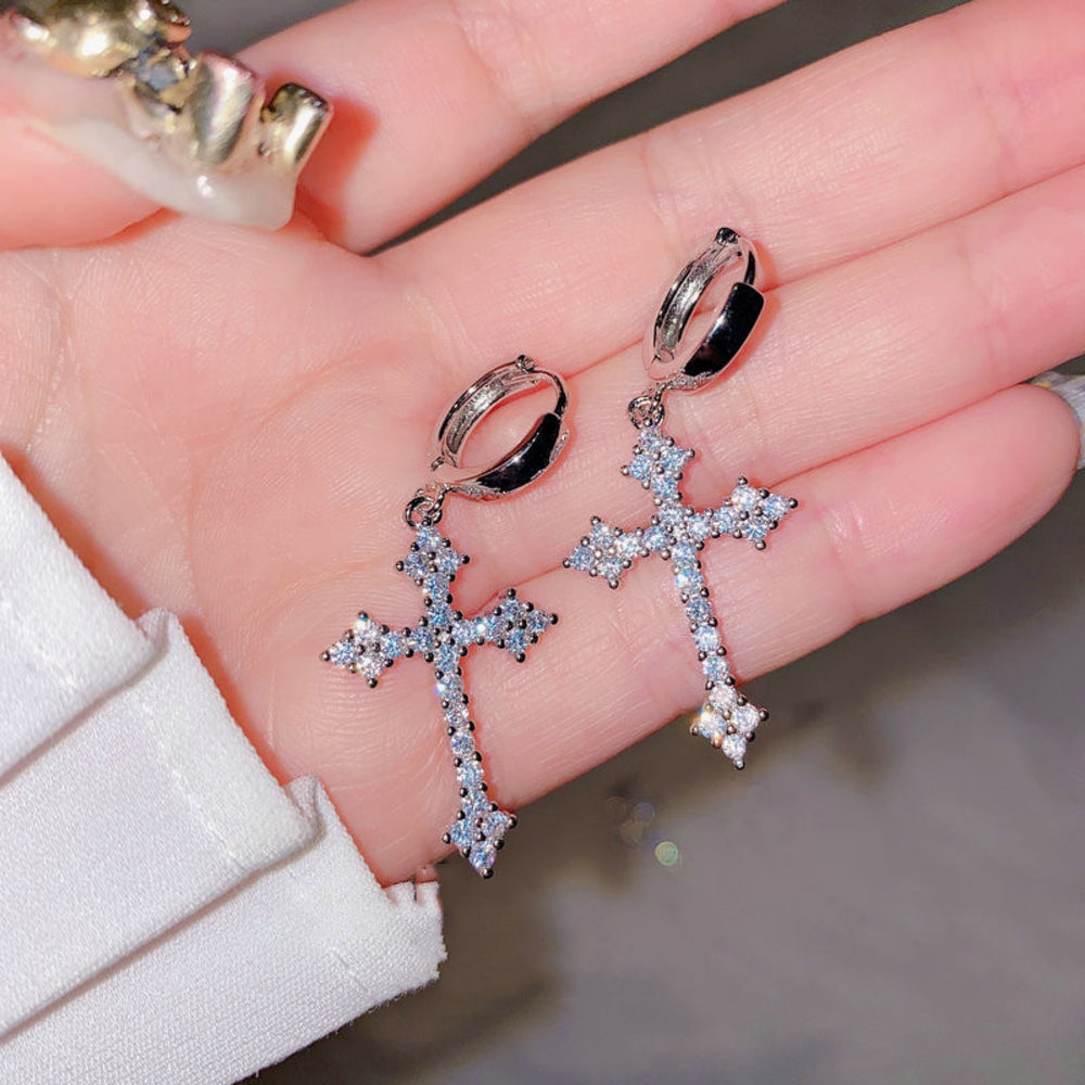 Silver-Tone Cubic Zirconia Cross Drop Earrings on Crystal Hoops