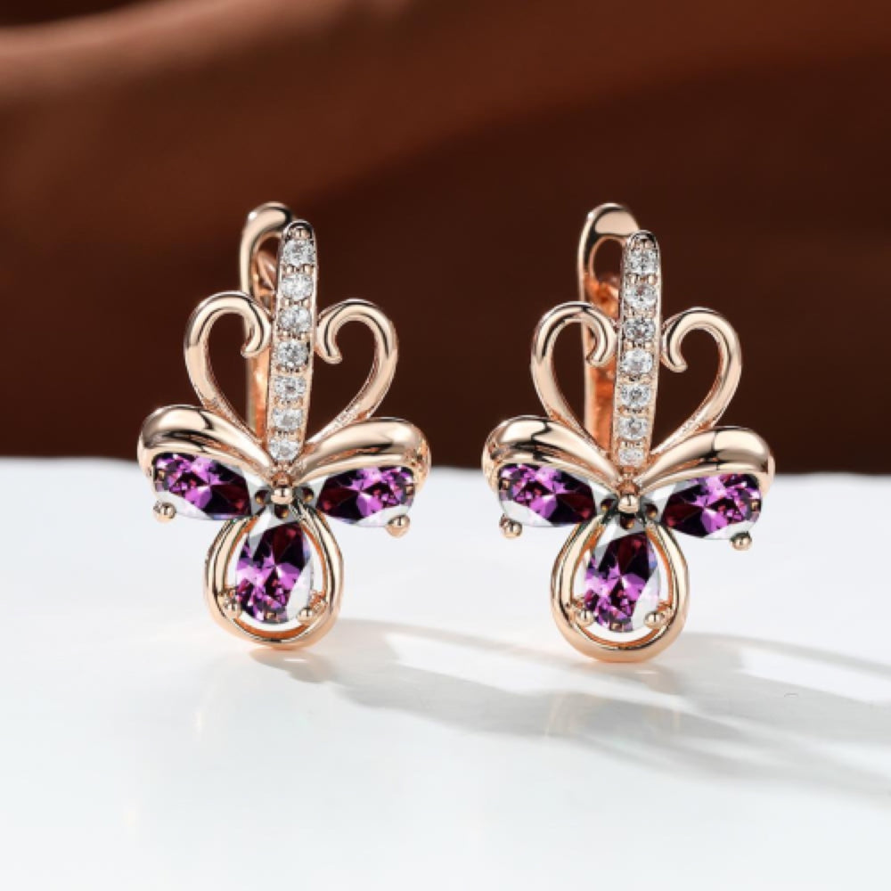 Champagne Gold-Tone Purple Crystal Clover Huggie Earrings