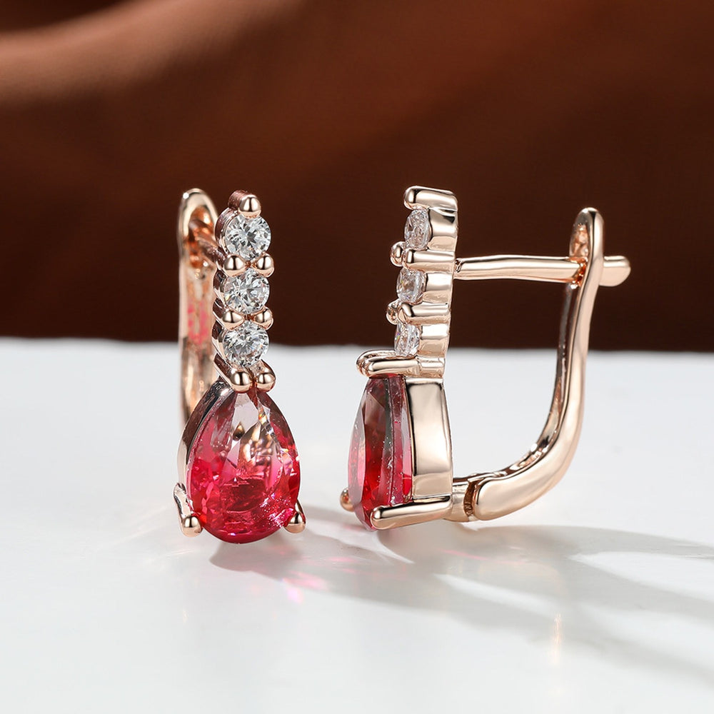 Champagne Gold-Tone Rose Red Teardrop Crystal Drop Earrings