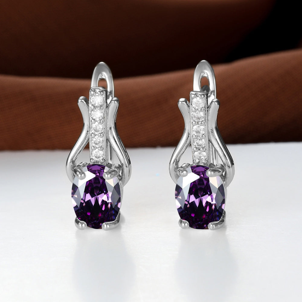 Silver-Tone Purple Oval Crystal Accented Huggie Earrings
