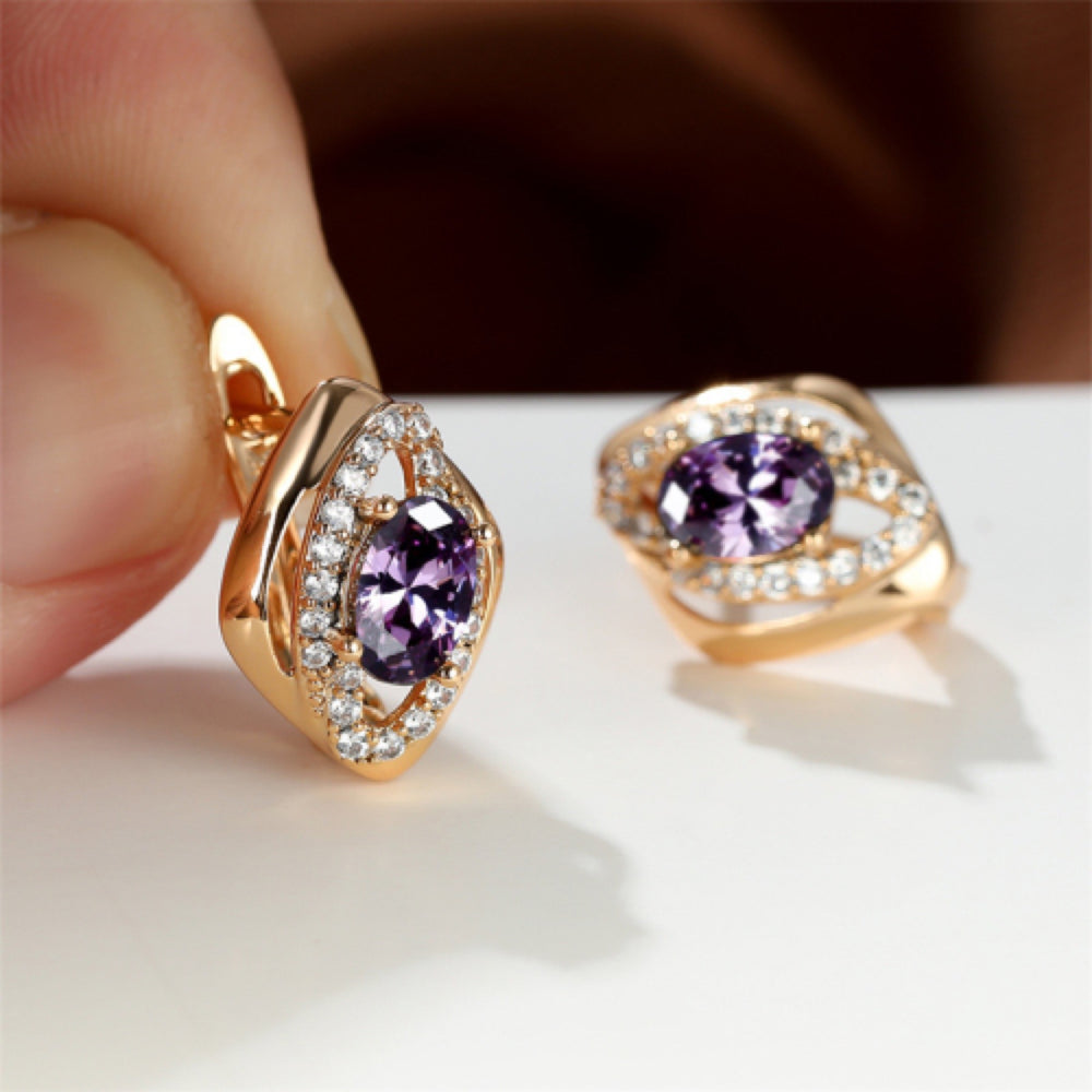 Champagne Gold-Tone Marquise Frame Oval Purple Crystal Huggie Earrings