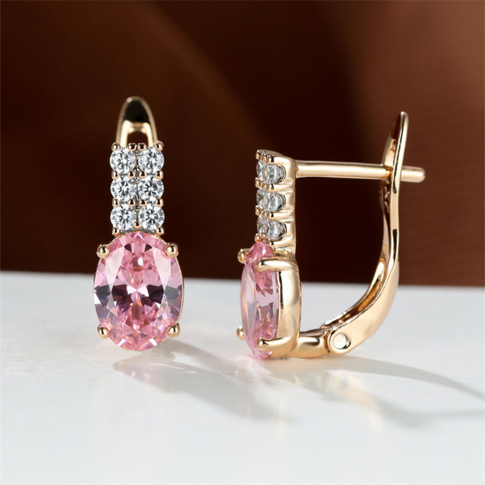 Champagne Gold-Tone Pink Oval Crystal Earrings With White Pave Rows
