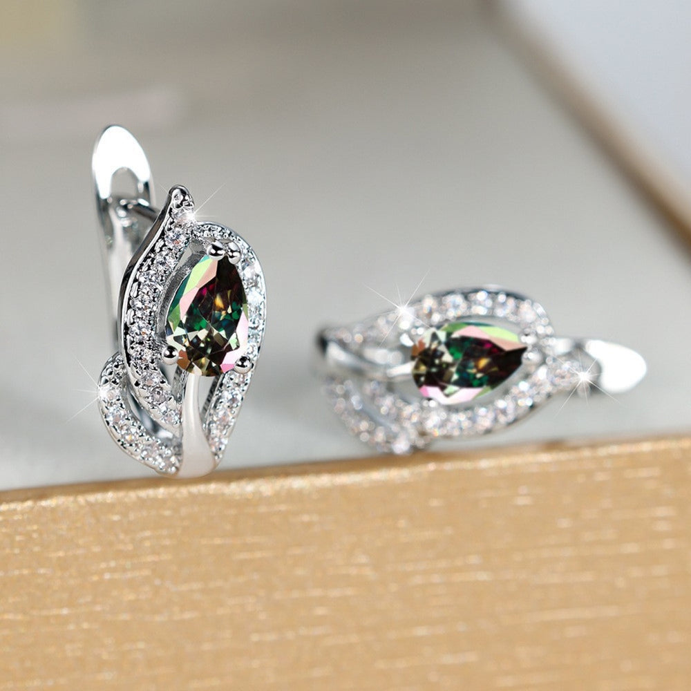 Silver-Tone Mystic Rainbow Crystal Teardrop Leaf Huggie Earrings