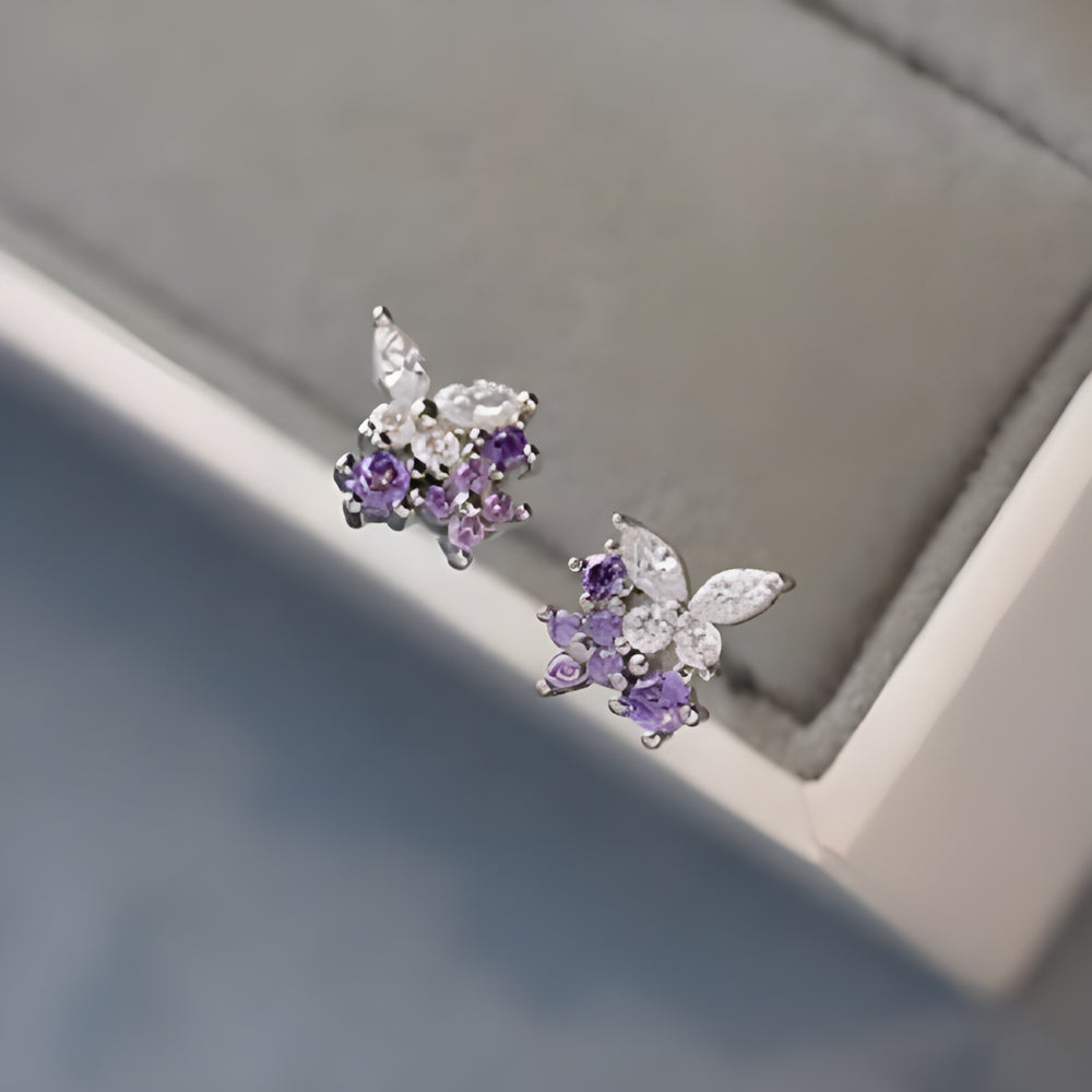 Silver-Tone Lavender Cubic Zirconia Butterfly Cluster Stud Earrings