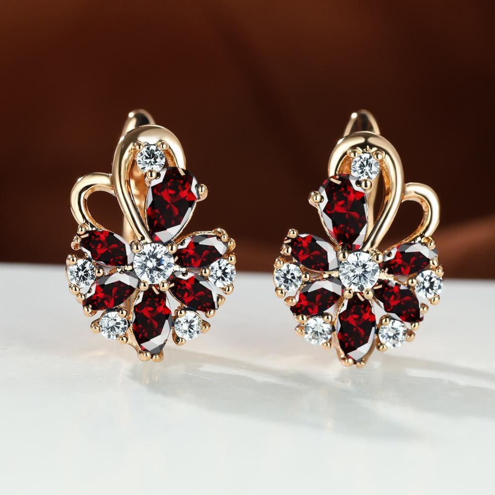 Champagne Gold-Tone Red Crystal Flower & Heart Huggie Earrings