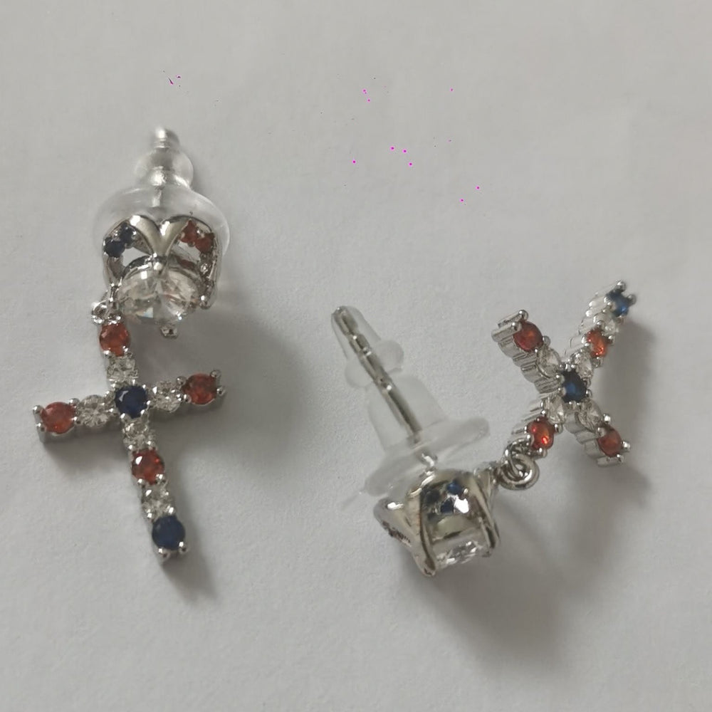 Silver-Tone Multicolor Crystal Cross Drop Earrings
