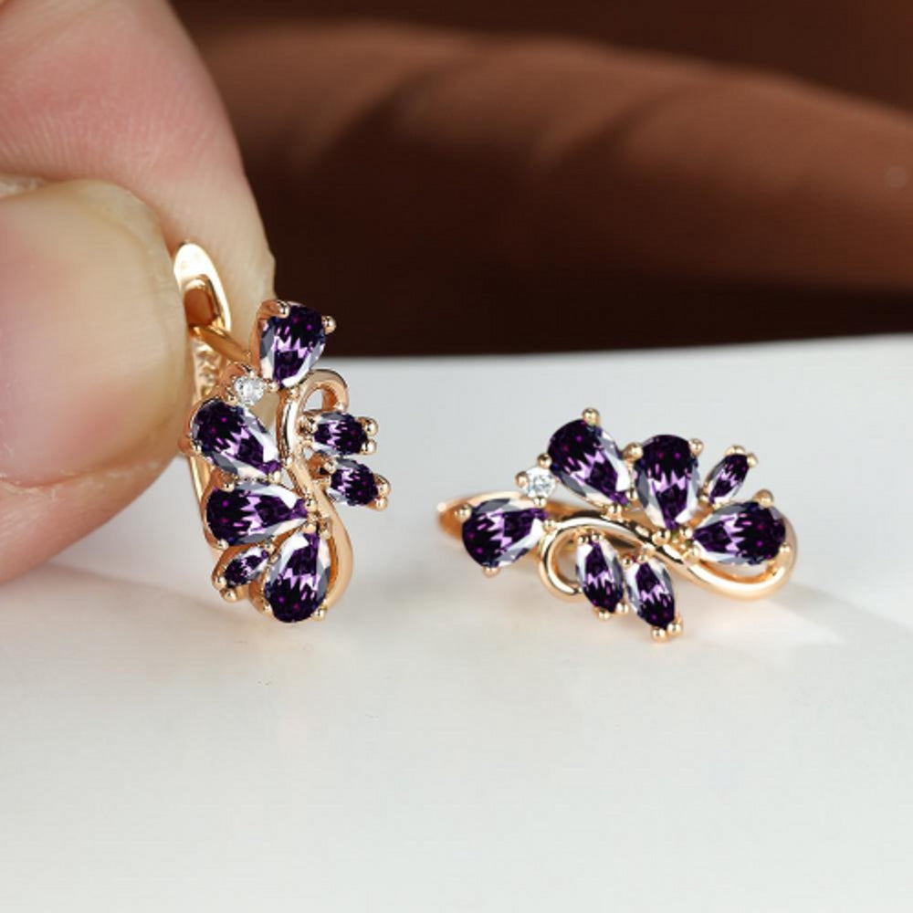 Champagne Gold-Tone Linked Purple Crystal Floral Huggie Earrings