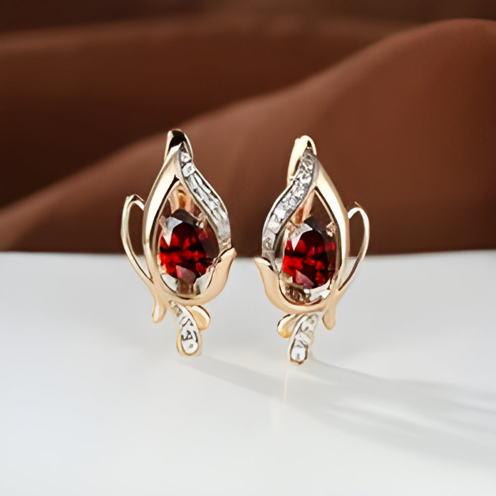 Champagne Gold-Tone Red Crystal Petal Huggie Earrings with CZ Pave