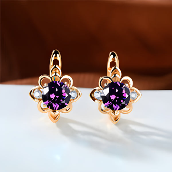 Champagne Gold-Tone Openwork Round Purple Crystal Huggie Earrings