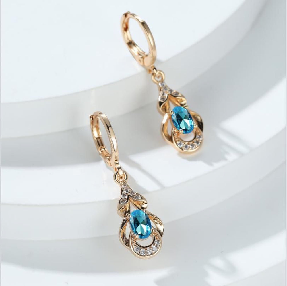 Champagne Gold-Tone Oval Aqua Blue Crystal Teardrop Drop Earrings